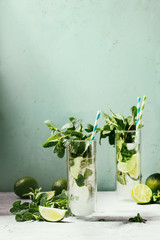 Two glasses of classic mojito cocktail with fresh mint, limes, crushed ice, retro cocktail tubes with ingredients above. Pin up style, sunlight, green background. Toned image