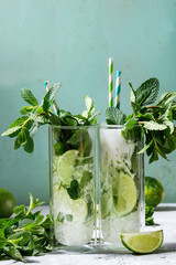 Two glasses of classic and coconut milk mojito cocktail with fresh mint, limes, crushed ice, retro cocktail tubes with ingredients above. Pin up style, sunlight, green background.