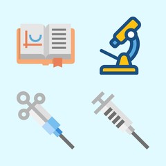 Icons about Science with syringe, microscope and open book
