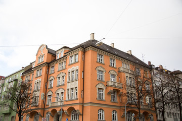 Row of houses with old building houses in Schwabing, colorful facade