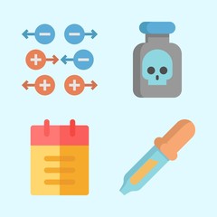Icons about Science with poison, pipiette, notebook and gravity