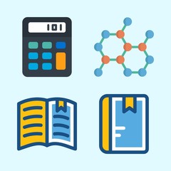 Icons about Science with notebook, chemical, open book and calculator