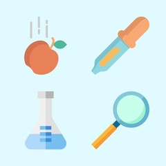 Icons about Science with loupe, pipiette, flask and gravity