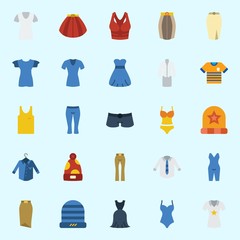 Icons set about Women Clothes with swimsuit, skirt, winter hat, thank top, sleeveless and shorts