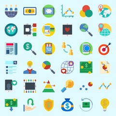 Icons set about Marketing with search, target, rgb, worldwide, shield and pyramid