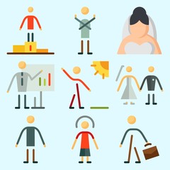 Icons set about Human with bride, olimpic games, dancer, male, businessman and walker