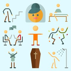 Icons set about Human with dancer, stairs, massage, dialogue, shower and bride