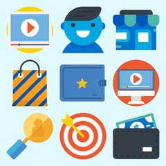 Icons set about Commerce with video player, user, shopping bag, target, search and store