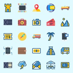 Icons set about Travel with car, pyramid, location, suitcase, thermometer and photo camera