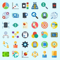 Icons set about Marketing with pyramid, target, idea, vision, line chart and pie chart