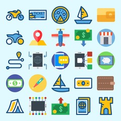 Icons set about Travel with sailboat, tower, motorbike, money, wallet and ticket