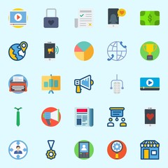 Icons set about Digital Marketing with target, pie chart, typewriter, video player, padlock and megaphone