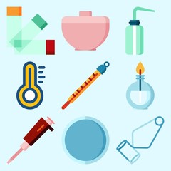 Icons set about Laboratory with trough, desiccator, separator funnel, burner, condenser and thermometer