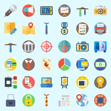 Icons set about Digital Marketing with stats, newspaper, target, worldwide, photo camera and tie