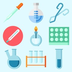 Icons set about Laboratory with test tubes, thermometer, separator funnel, dropper, test tube and burner