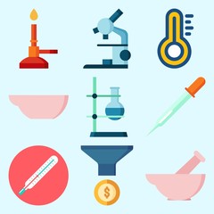 Icons set about Laboratory with microscope, thermometer, lab, dropper, funnel and flask