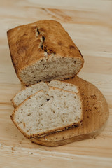 Time to eat. Close-up of sliced banana bread on a desk in the kitchen. Tasty food. Delicious eats. Healthy life