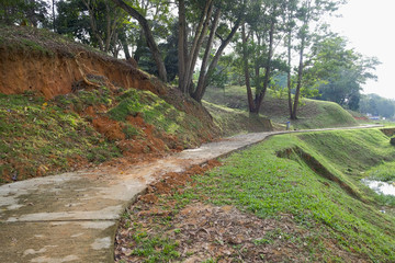 Soil erosion or landslide on the lake in the rainy season at Muadzam Shah, Malaysia.
