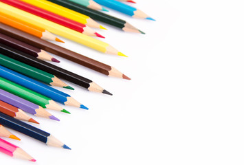 Pencils colorful set, wooden colored pencils isolated on white background, copy space