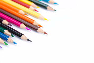 Pencils colorful set, wooden colored pencils isolated on white background, copy space