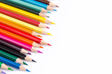 Pencils colorful set, wooden colored pencils isolated on white background, copy space