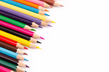 Pencils colorful set, wooden colored pencils isolated on white background, copy space