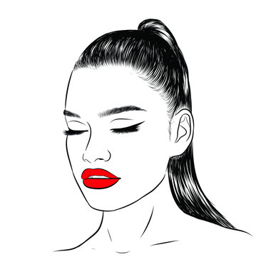 Illustration of woman with high sleek ponytail with closed eye. Face makeup: big lips and winged eyeliner and perfectly shaped eyebrows. Hand-drawn cute idea for business visit card, poster, salon