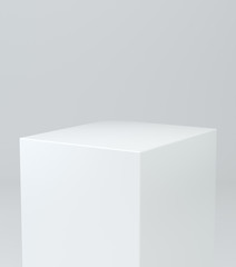Realistic white box, cube, podium or blank pedestal. White platform. 3d illustration