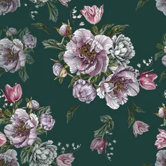 Foto op Plexiglas Naadloze bloemmotief met aquarel pioenrozen en tulpen © lesia_a