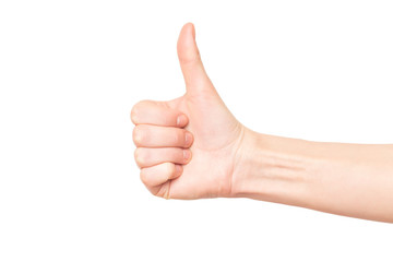 Mockup of right female hand with thumb up gesturing success isolated at white background.