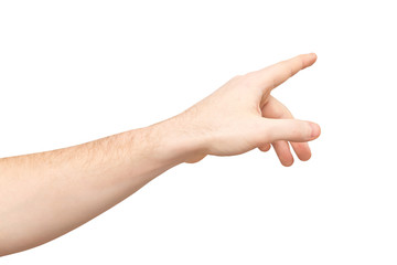 Closeup image of male hand making pointing gesture isolated at white background. - Powered by Adobe