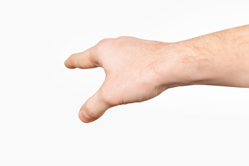 Closeup image of male hand making pointing gesture isolated at white background.