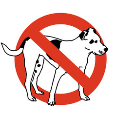 No entry dogs. Prohibition of dog. Strict ban on walking the dog, forbidden. Stop animals. Vector black and white sitting dog, white background, isolated.