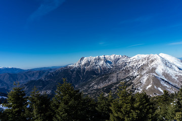 Landscape of snow covered mountains in Peloponnese Greece