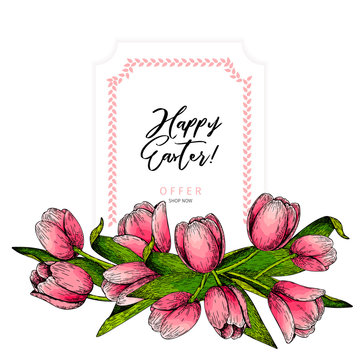 Hand drawn spring floral banner. Colored pink tulip. Happy Easter. Hand drawn detailed engraved illustration. Good for Easter, Woman day, Valentine greeting cards, sale flyer, wedding invitation