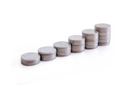 silver coin stack isolated on white background with clipping path