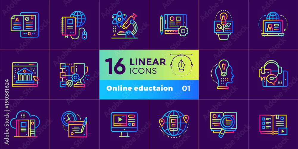 Poster linear icon set of online education and e-learning. material design icon suitable for print, website