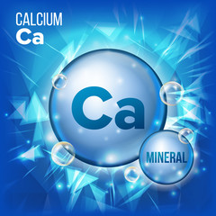 Ca Calcium Vector. Mineral Blue Pill Icon. Vitamin Capsule Pill Icon. Substance For Beauty, Cosmetic, Heath Promo Ads Design. 3D Mineral Complex With Chemical Formula. Illustration