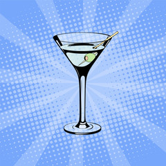 Glass of Martini in pop art style. Pop art halftone background