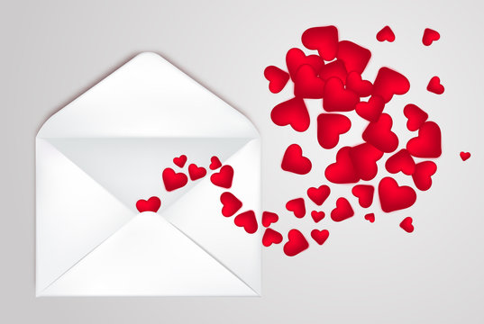 Happy Valentine s Day Envelope with realistic Hearts Inside. Vector Illustration. Realistic Mail post Envelope. Can be used for Mother s and Women s Day Greetings