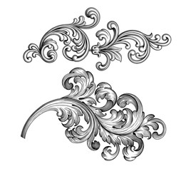 Vintage Baroque Victorian frame border set floral engraved scroll ornament leaf retro flower pattern decorative design tattoo black and white filigree calligraphic vector heraldic shield swirl - 190384890
