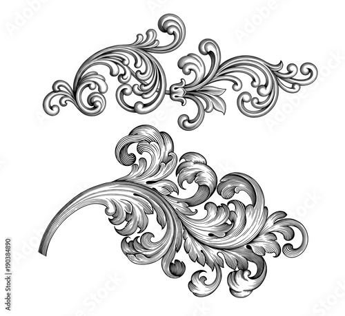 Fototapete Vintage Baroque Victorian Frame Border Set Floral Engraved Scroll Ornament Leaf Retro Flower Pattern Decorative Design Tattoo Black And White Filigree Calligraphic Vector Heraldic Shield Swirl Hisunnysky