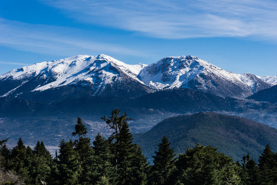 Picturesque landscape of snow covered Ziria mountain in Peloponnese Greece.