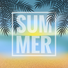 Obraz premium Summer blurred background with palm trees, sea, sand and summer inscription in a white frame.