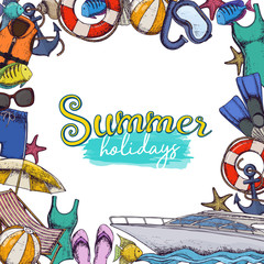 Naklejka premium Set of beach summer holidays accessories, sketch cartoon illustration. Vector