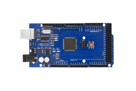 Arduino Mega-board for the implementation of school laboratory work on electronics and robotics. Isolated on white background flat layout.