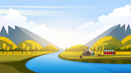 Vector Beautiful Flat Illustration Style Landscape in Spring/Summer. River Mountains and Trees.
