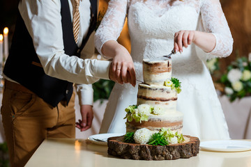 Groom in suit and bride in white dress cut beautiful multi level naked wedding cake, decorated with...