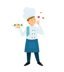 Professional the chef kisses his fingers and holds the dish.. Cartoon style. Vector illustration.