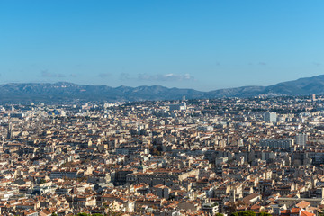 Aerial panoramic view of Marseille from basilica of Notre Dame de la Garde in Marseille, Provence, France